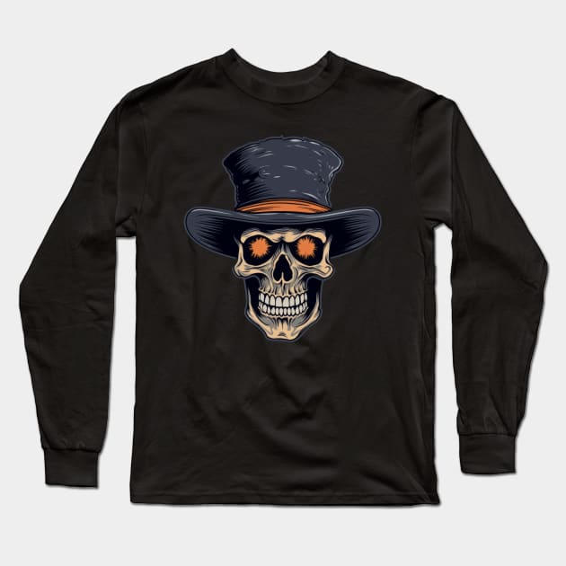 Skull with Hat Long Sleeve T-Shirt by Merchgard